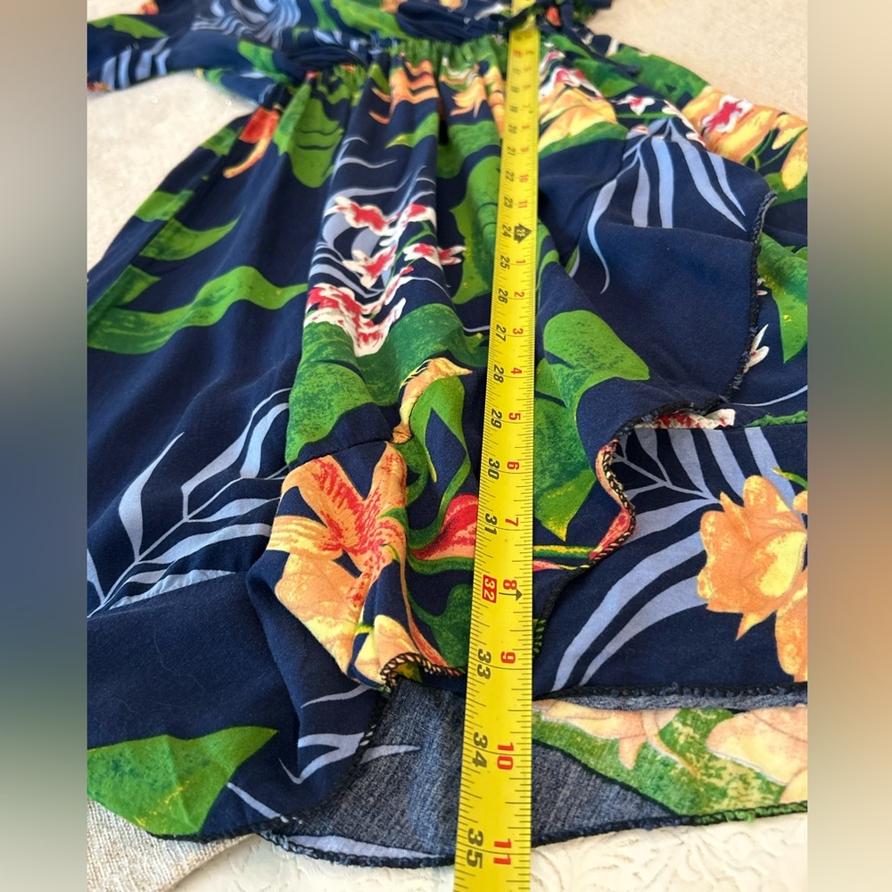 Floral Mini Dress Faux-Wrap Tropical Pattern Crossover Chest Short Sleeve Size M - Picture 9 of 9